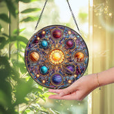 Solar System Stained Glass Suncatcher, Round Planet Window Panel with Sun and Stars, Cosmic Galaxy Glass Art for Astronomy Lovers
